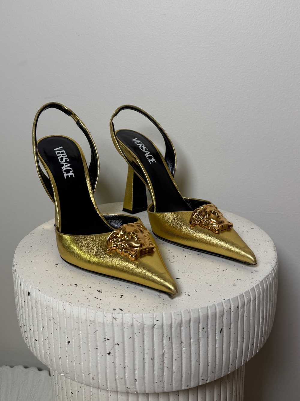 Versace Metallic Gold Pointed Slingback Heels with Medusa Detail: size 38.5